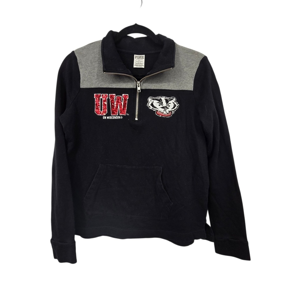 Retro 2016 Pink Victoria Secret Wisconsin Badgers Zip Sweatshirt Women SM Sequin